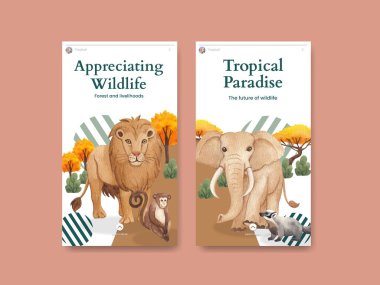 Tropikal yaban hayatı konseptiyle Instagram şablonu, suluboya stil