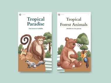 Tropikal yaban hayatı konseptiyle Instagram şablonu, suluboya stil