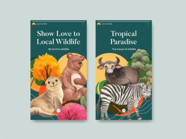 Tropikal yaban hayatı konseptiyle Instagram şablonu, suluboya stil