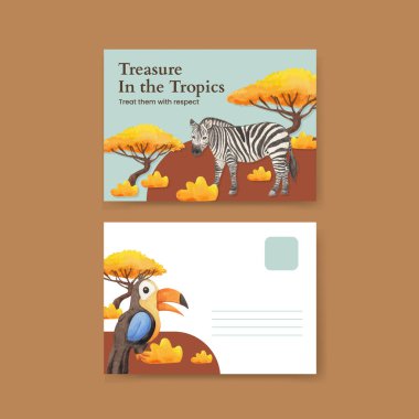 Tropikal yaban hayatı konsepti olan bir kartpostal şablonu, suluboya stil