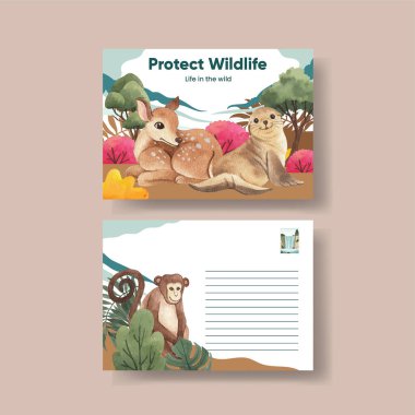 Tropikal yaban hayatı konsepti olan bir kartpostal şablonu, suluboya stil