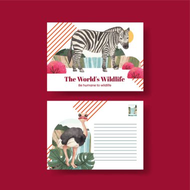 Tropikal yaban hayatı konsepti olan bir kartpostal şablonu, suluboya stil