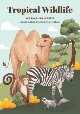 Tropikal yaban hayatı konseptiyle poster şablonu, suluboya stil
