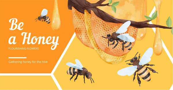 蜂蜜の蜂のコンセプト 水彩風のFacebook広告テンプレート — ストックベクタ