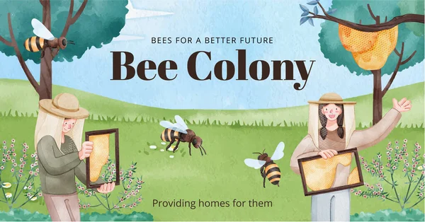 脸书广告模板与蜜蜂概念 水彩画风格 — 图库矢量图片