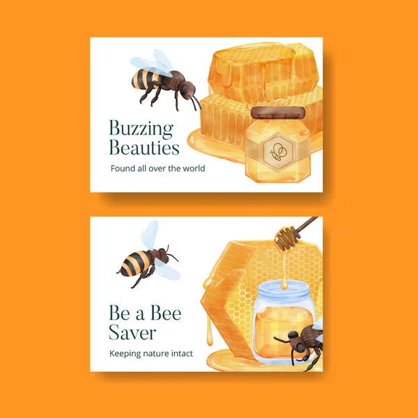 ミツバチの概念 水彩画のスタイルとFacebookの投稿テンプレート — ストックベクタ