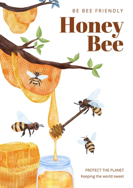 ミツバチの概念 水彩画のスタイルとポスターテンプレート — ストックベクタ