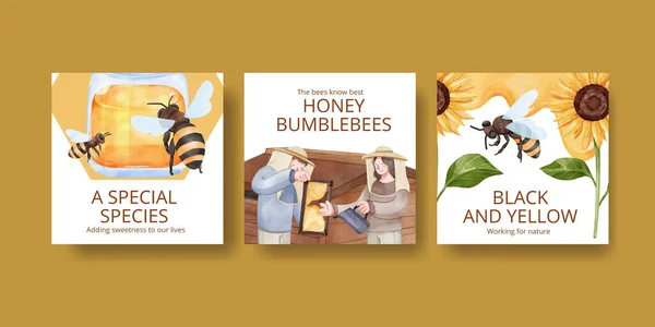Banner Template Honey Bee Concept Watercolor Styl — Stock vektor
