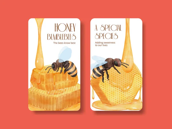 ミツバチのコンセプト 水彩画のスタイルとInstagramのテンプレート — ストックベクタ