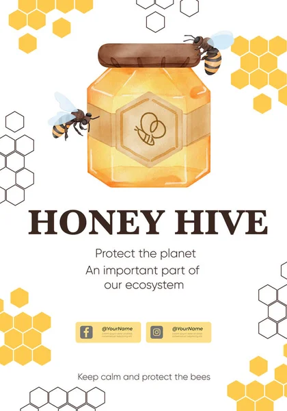 Poster Template Honey Bee Concept Watercolor Styl — Stock vektor