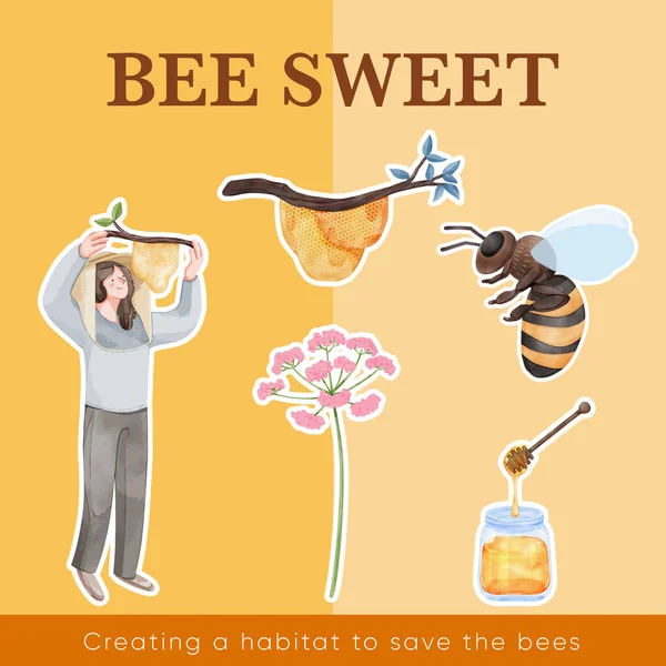 ミツバチのコンセプトとシールテンプレート 水彩スタイル — ストックベクタ