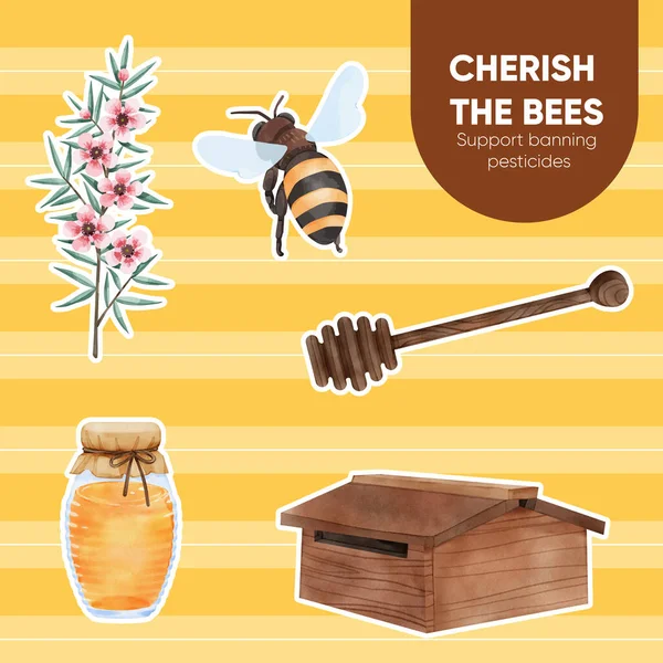 Шаблон Наклейки Концепцией Медовой Пчелы Акварель — стоковый вектор