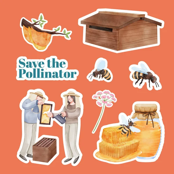 Sticker Template Honey Bee Concept Watercolor Styl — Stock vektor