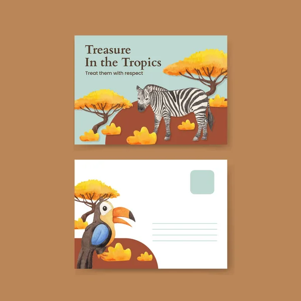 Modelo Cartão Postal Com Conceito Vida Selvagem Tropical Styl Aquarela — Vetor de Stock