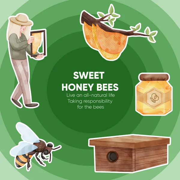 Sticker Template Honey Bee Concept Watercolor Styl — ストックベクタ