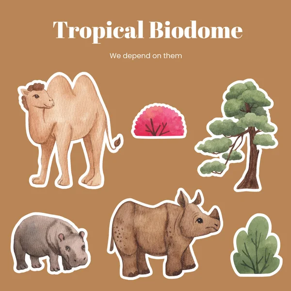 Sticker Template Tropical Wildlife Concept Watercolor Styl — Stock vektor