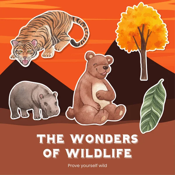Sticker Template Tropical Wildlife Concept Watercolor Styl — Stock vektor