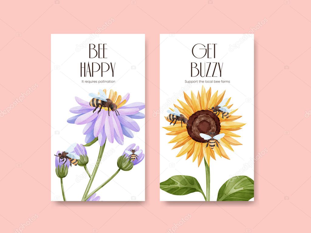 Instagram template with honey bee concept,watercolor styl