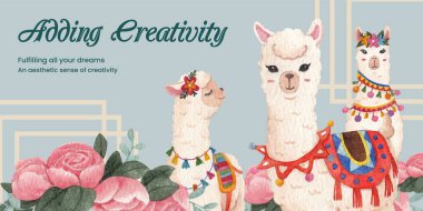 Blog header template with cute boho alpaca concept,watercolor styl