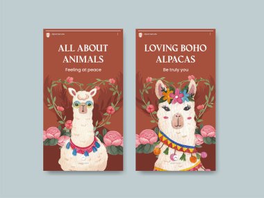 Instagram template with cute boho alpaca concept,watercolor styl