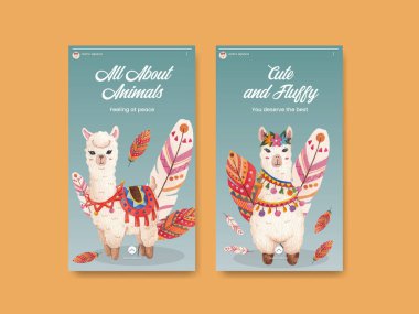 Instagram template with cute boho alpaca concept,watercolor styl