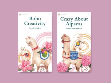 Instagram template with cute boho alpaca concept,watercolor styl