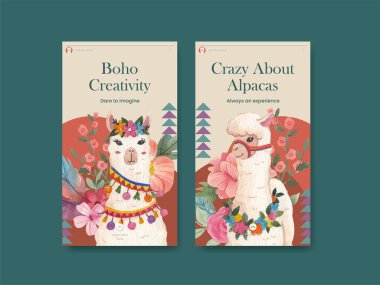 Instagram template with cute boho alpaca concept,watercolor styl