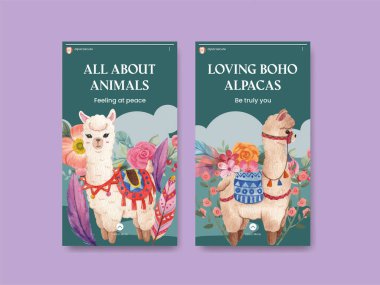 Instagram template with cute boho alpaca concept,watercolor styl