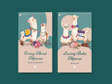 Instagram template with cute boho alpaca concept,watercolor styl