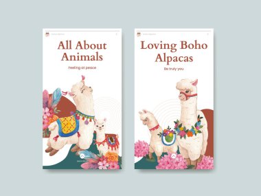 Instagram template with cute boho alpaca concept,watercolor styl