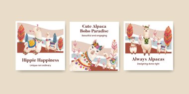 Banner template with cute boho alpaca concept,watercolor style