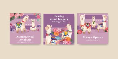 Banner template with cute boho alpaca concept,watercolor style