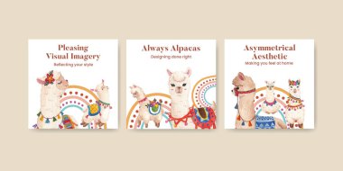 Banner template with cute boho alpaca concept,watercolor style