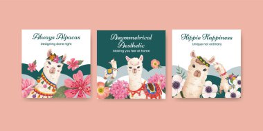 Banner template with cute boho alpaca concept,watercolor style