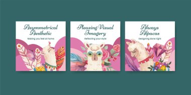 Banner template with cute boho alpaca concept,watercolor style