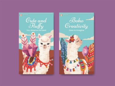 Instagram template with cute boho alpaca concept,watercolor styl