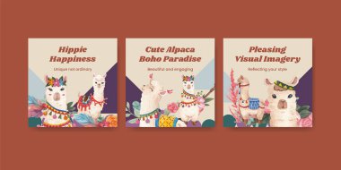 Banner template with cute boho alpaca concept,watercolor style