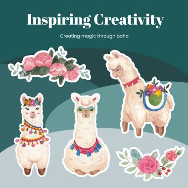 Sticker template with cute boho alpaca concept,watercolor styl