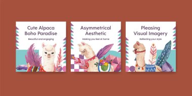 Banner template with cute boho alpaca concept,watercolor style