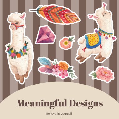 Sticker template with cute boho alpaca concept,watercolor styl