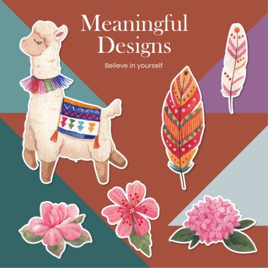 Sticker template with cute boho alpaca concept,watercolor styl