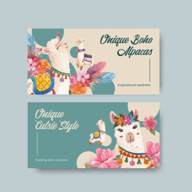 Twitter template with cute boho alpaca concept,watercolor styl