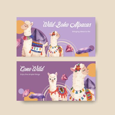Twitter template with cute boho alpaca concept,watercolor styl
