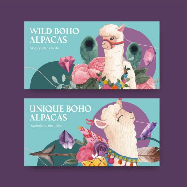 Twitter template with cute boho alpaca concept,watercolor styl