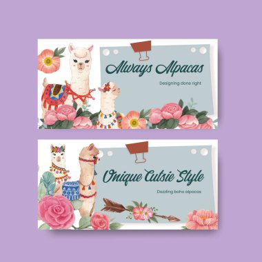 Twitter template with cute boho alpaca concept,watercolor styl