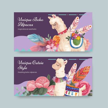 Twitter template with cute boho alpaca concept,watercolor styl