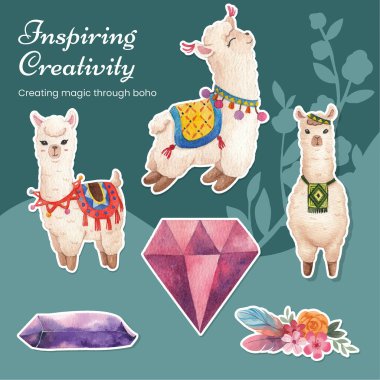 Sticker template with cute boho alpaca concept,watercolor styl