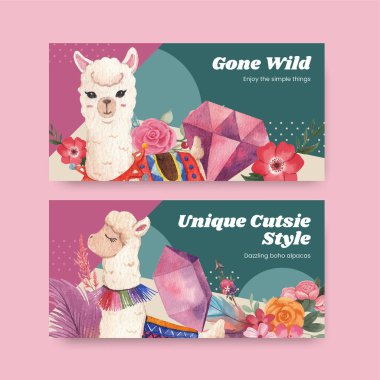 Twitter template with cute boho alpaca concept,watercolor styl