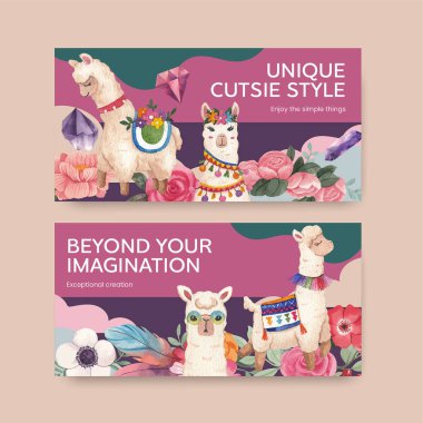 Twitter template with cute boho alpaca concept,watercolor styl