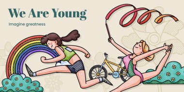 Blog header template with happy youth fun concept,watercolor styl